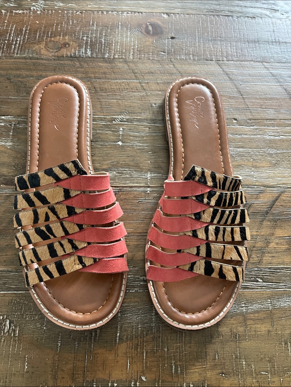 Coral and Animal-Print Slide Sandals for Women by Crown Vintage